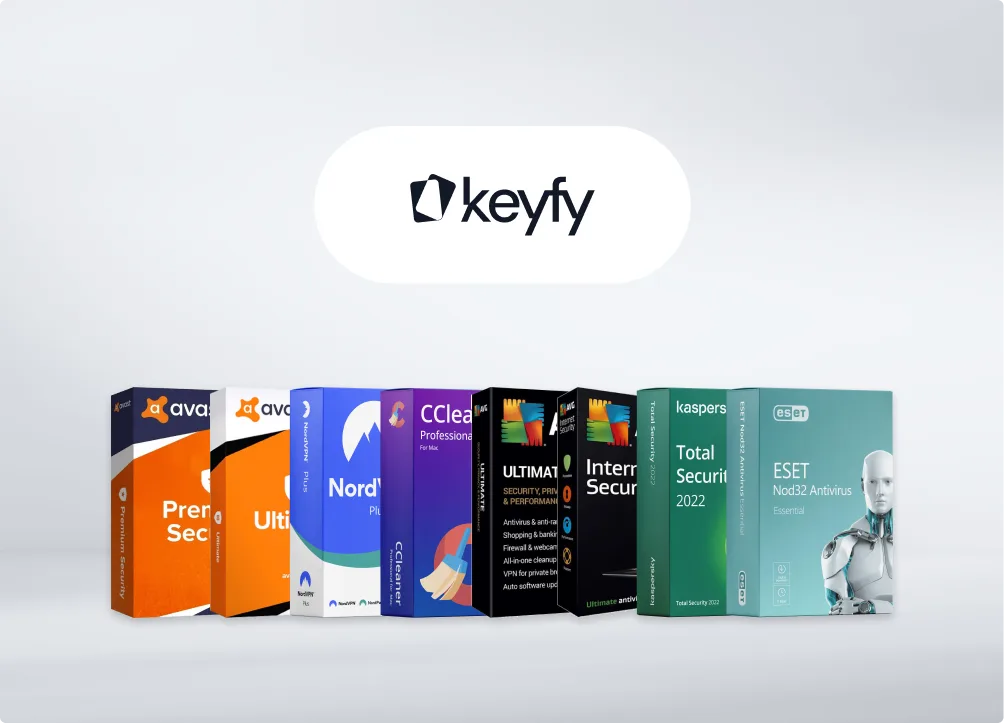 Une rangée de logiciels antivirus et sécurité en boîtes posés sur fond blanc, avec le logo Keyfy au-dessus sur fond gris clair.