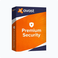 Boîte de logiciel au design orange et bleu marine avec logo Avast et mention "Premium Security" bien visibles sur la face avant.