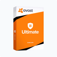 Boîte du logiciel Avast Ultimate orange et blanche, logo Avast en haut, icône de bouclier et texte "Ultimate" en grandes lettres blanches.