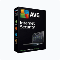 Boîte noire du logiciel AVG Internet Security avec logo, icônes sur le côté et image d'un ordinateur sécurisé, protection antivirus ultime.