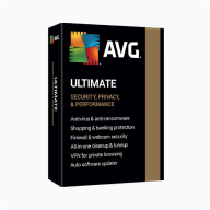 Boîte noire de AVG Ultimate avec logo, mettant en avant antivirus, VPN, pare-feu et mises à jour pour sécurité et confidentialité.