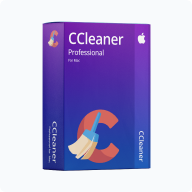 Boîte logicielle violette de CCleaner Professional pour Mac, logo CCleaner avec balai et C orange, logo Apple blanc en haut à droite.
