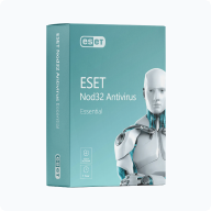 Boîte turquoise du logiciel ESET NOD32 Antivirus avec un robot humanoïde blanc, logo ESET et nom du produit bien visibles devant.