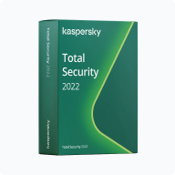 Boîte verte de Kaspersky Total Security 2022 avec texte blanc et ligne jaune courbée, logiciel antivirus en vente sur keyfy.fr.