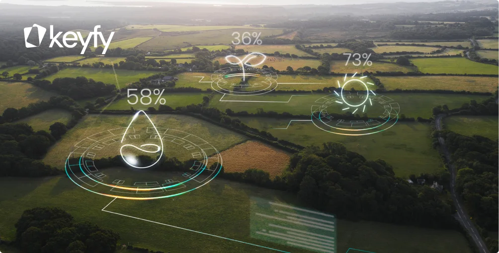 Vue aérienne de champs agricoles avec icônes de plantes et pourcentages (58 %, 36 %, 73 %) illustrant des données, logo Keyfy en haut à gauche.
