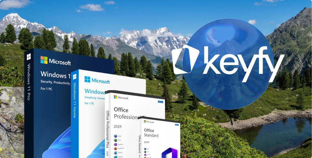 Boîtes des logiciels Microsoft Windows et Office devant un paysage de montagne avec lac, arbres et logo keyfy sur sphère bleue.