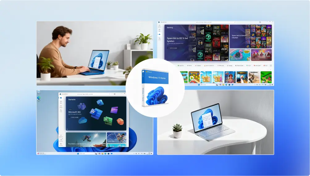 Un collage avec un homme sur ordinateur portable, un PC sur table blanche, l'écran d'accueil Windows 11 et le Microsoft Store, autour du logo Windows 11.