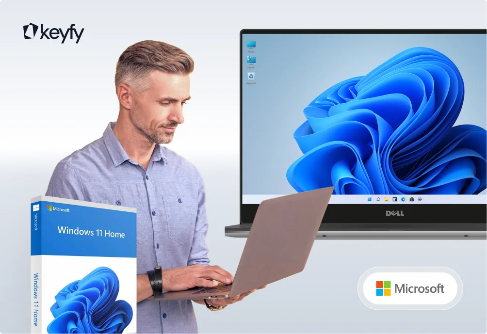 Un homme utilise un ordinateur portable à côté d'un grand écran affichant le fond Windows 11, avec une boîte Windows 11 Home et le logo Microsoft au premier plan.