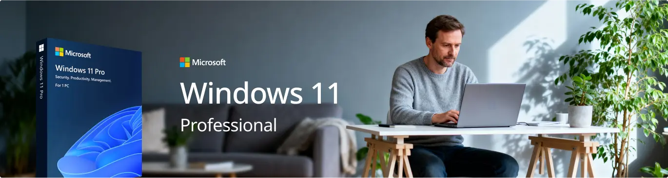 Un homme travaille sur un ordinateur portable dans une pièce moderne et lumineuse avec des plantes ; à gauche, une boîte Windows 11 Pro.