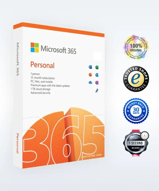 À gauche, une boîte Microsoft 365 Personal orange et blanche ; à droite, quatre badges : original, fiable, remboursement, livraison rapide.
