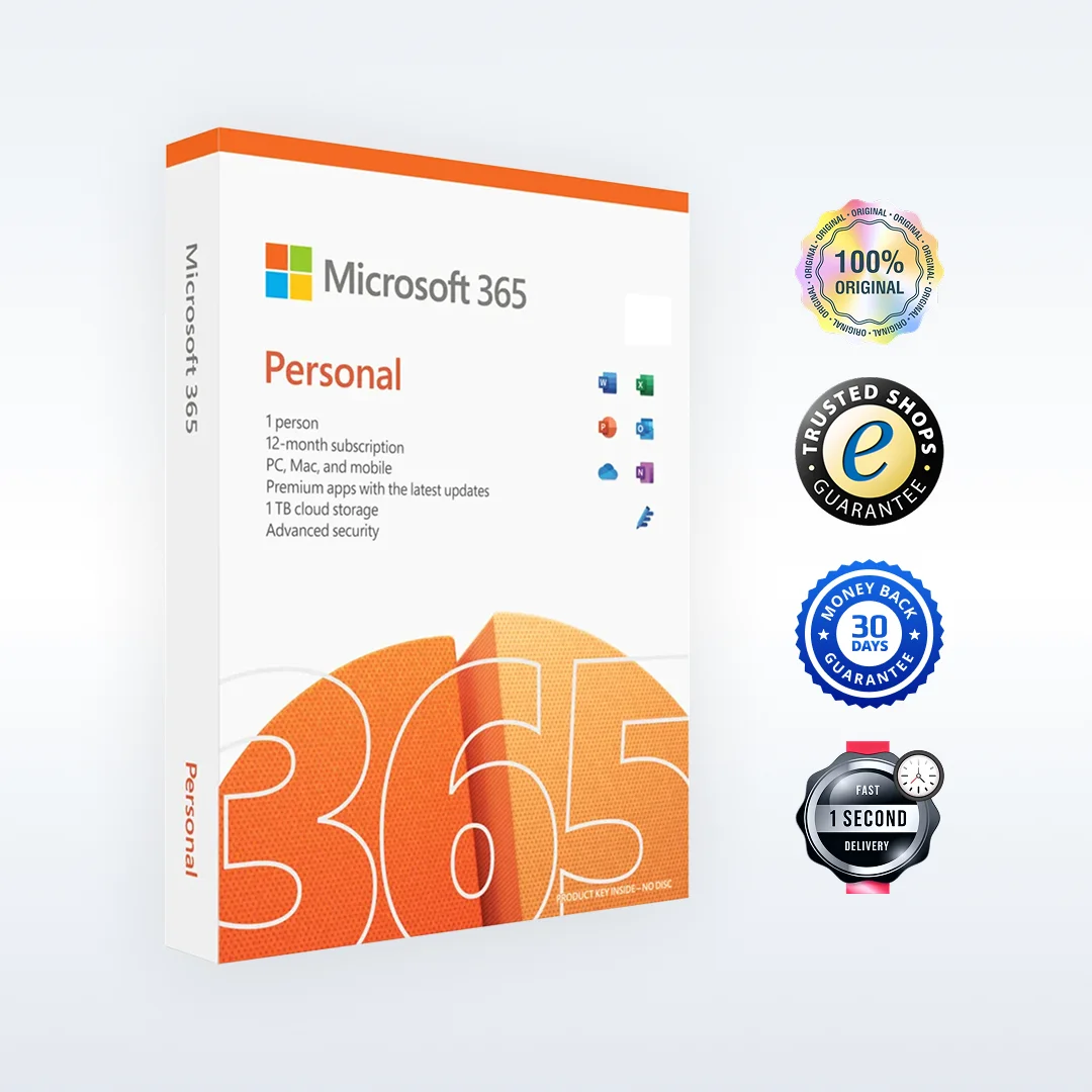 À gauche, une boîte Microsoft 365 Personal orange et blanche ; à droite, quatre badges : original, fiable, remboursement, livraison rapide.