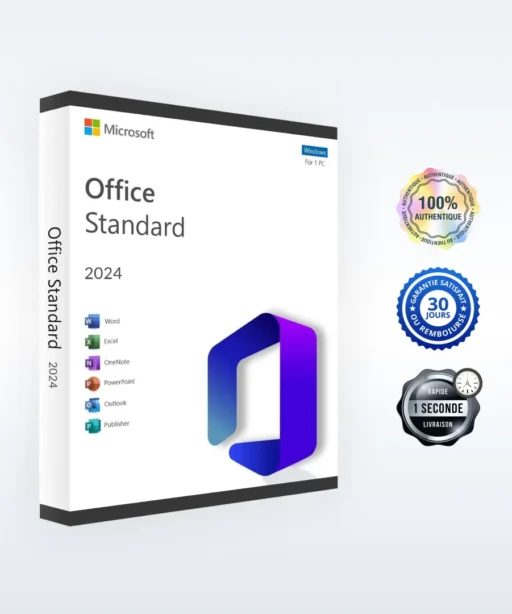 Boîte Microsoft Office Standard 2024 pour PC avec badges : 100% original, Trusted Shops, 30 jours satisfait ou remboursé, livraison rapide.