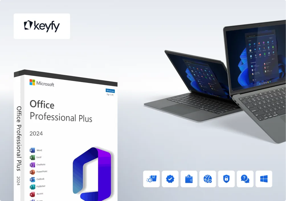 Boîte Microsoft Office Professional Plus 2024 à gauche, deux ordinateurs portables sous Windows 11 à droite, icônes Office et logo Keyfy.