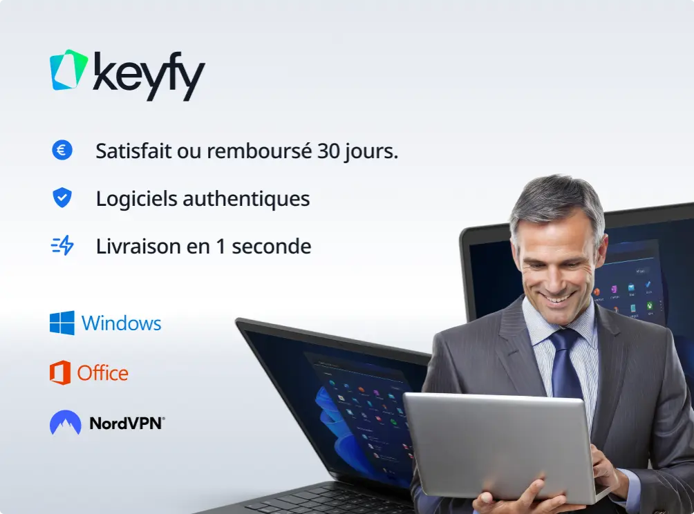 Un homme souriant en costume utilise un ordinateur portable devant des images d'ordinateurs, logo Keyfy et icônes Windows, Office, NordVPN.
