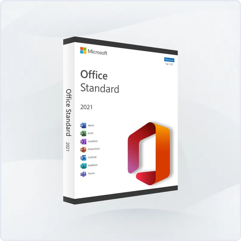 Boîte du logiciel Microsoft Office Standard 2021 pour PC, avec logo Office et icônes Word, Excel, OneNote, PowerPoint, Outlook, Publisher et Teams sur fond blanc.