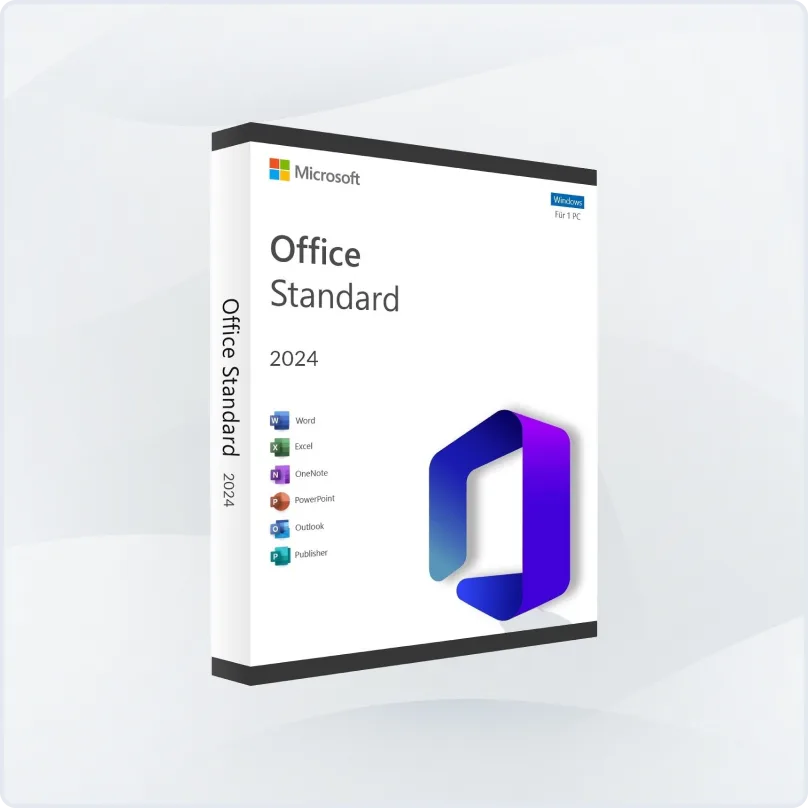 Boîte de Microsoft Office Standard 2024 pour PC, avec les icônes Word, Excel, OneNote, PowerPoint, Outlook et Publisher sur fond blanc.