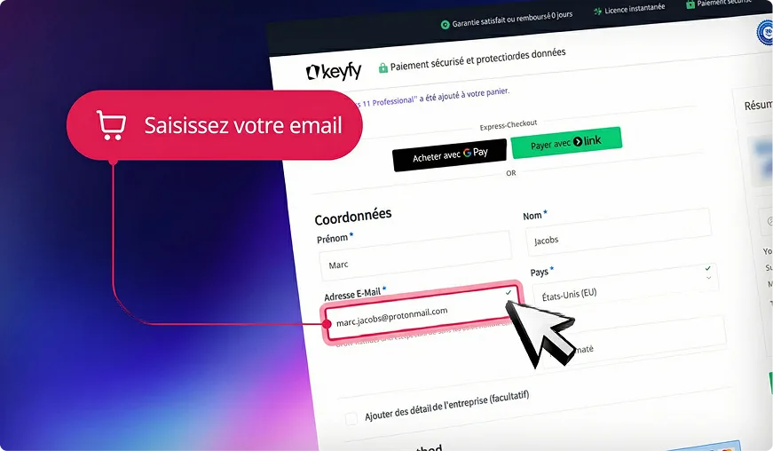 Écran d'ordinateur affichant un formulaire de commande en ligne, curseur sur l'e-mail et boîte rose "Saisissez votre email", fond flou bleu-violet.