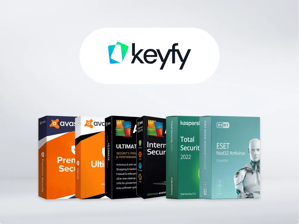 Boîtes d'antivirus Avast, AVG, Kaspersky et ESET alignées sous le logo Keyfy sur fond blanc.