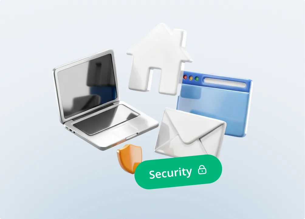 Icônes 3D d'ordinateur, maison, fenêtre web et enveloppe autour d'un bouclier et label vert Sécurité illustrant la sécurité en ligne.