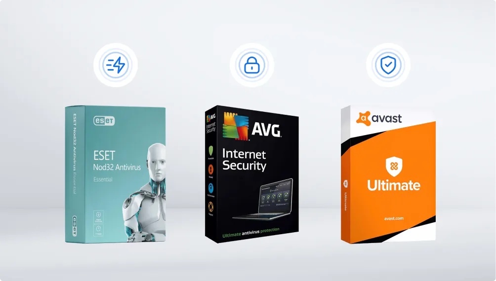 Trois boîtes de logiciels antivirus (ESET NOD32, AVG Internet Security, Avast Ultimate) alignées sur fond blanc avec icônes de sécurité au-dessus.