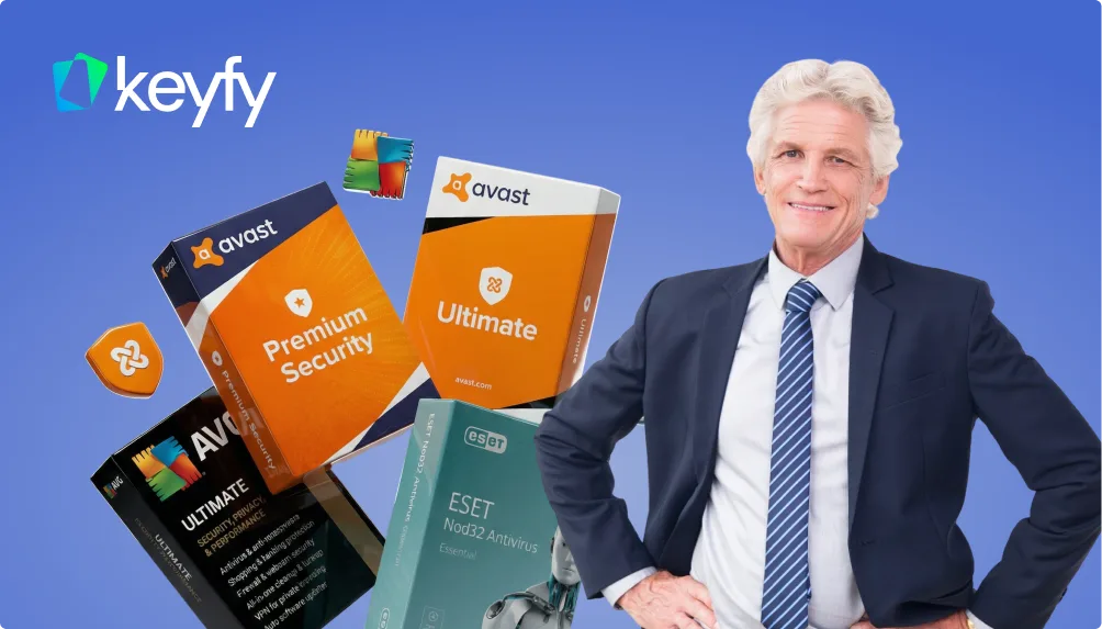 Un homme mûr en costume pose avec assurance près de boîtes antivirus Avast et ESET flottantes sur fond bleu, logo Keyfy en haut à gauche.