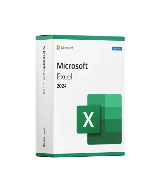 Boîte de Microsoft Excel 2024 avec logo Excel, design blanc et vert, branding visible et logo Windows en haut à droite.