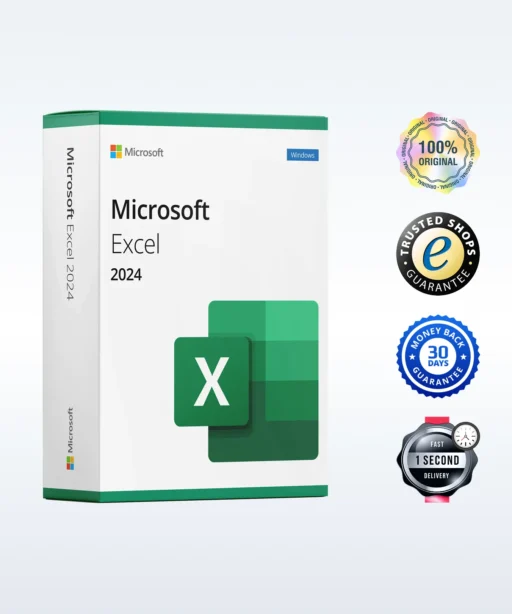Boîte du logiciel Microsoft Excel 2024 avec quatre badges : original à 100 %, boutique fiable, garantie 30 jours, livraison en 1 seconde.