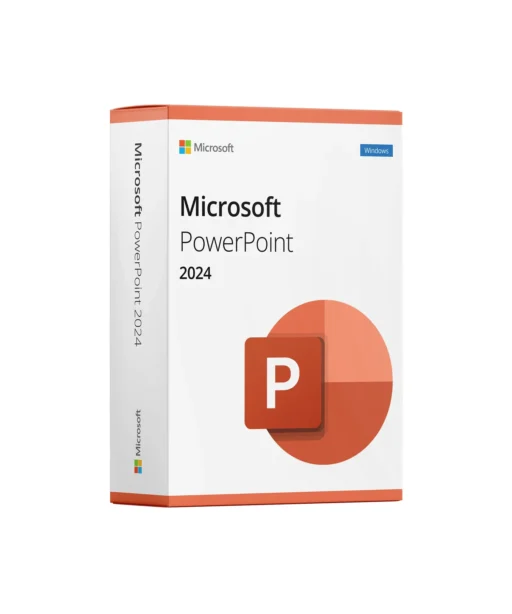 Boîte Microsoft PowerPoint 2024, logo PowerPoint, design orange et étiquette compatible Windows visible en haut à droite.