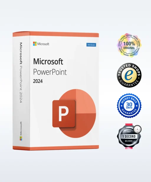 Boîte du logiciel Microsoft PowerPoint 2024 avec quatre badges : 100% original, garantie Trusted Shops, satisfait ou remboursé, livraison rapide en une seconde pendant 30 jours.