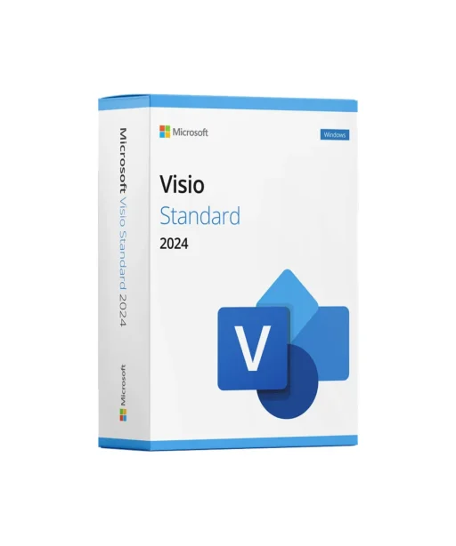 Boîte du logiciel Microsoft Visio Standard 2024 avec design blanc et bleu, logo Visio et marque Microsoft visibles devant et côté.