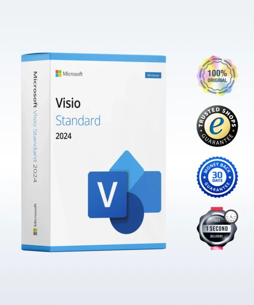 Une boîte Microsoft Visio Standard 2024 à côté de quatre badges : 100% original, magasin fiable, 30 jours satisfait ou remboursé, livraison rapide.