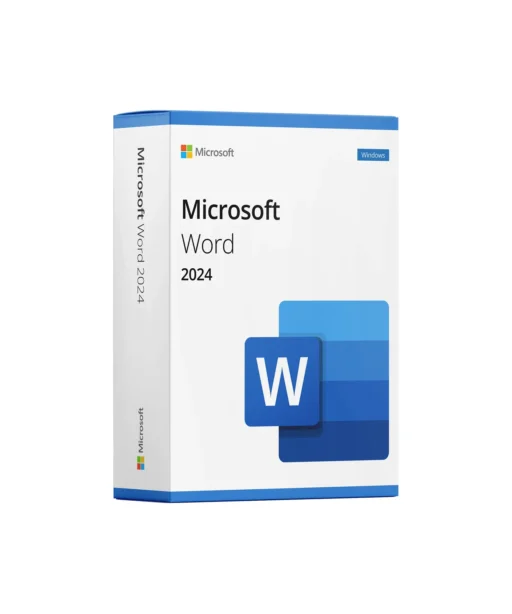 Boîte 3D de Microsoft Word 2024 affichant le logo Microsoft, le texte "Microsoft Word 2024" et une grande icône W bleue sur fond blanc et bleu.