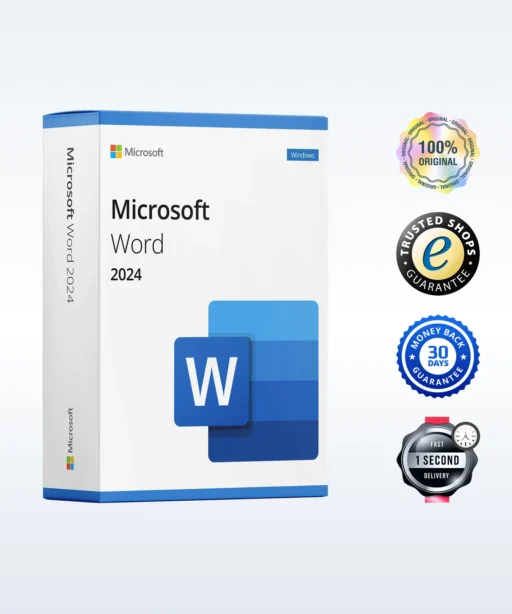 Boîte du logiciel Microsoft Word 2024 accompagnée de quatre badges : original à 100 %, boutique fiable, garantie 30 jours, livraison rapide.