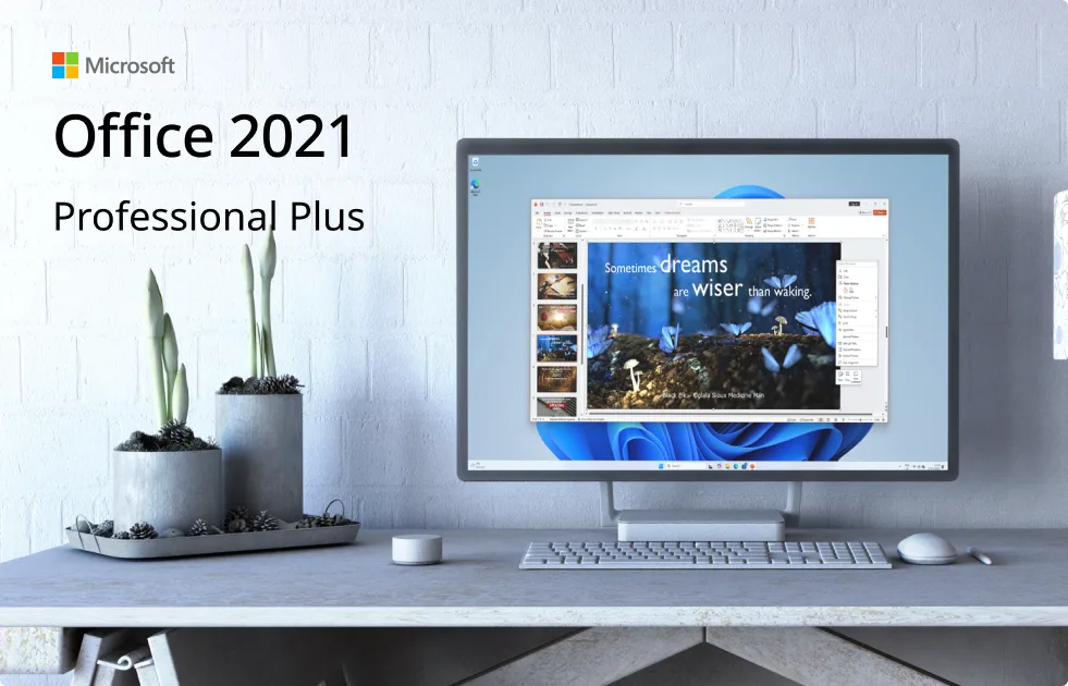 Un écran d'ordinateur sur un bureau affiche une présentation PowerPoint Windows 11 avec la citation Sometimes dreams are WISER than waking. Plantes décoratives et objets de bureau l'entourent.