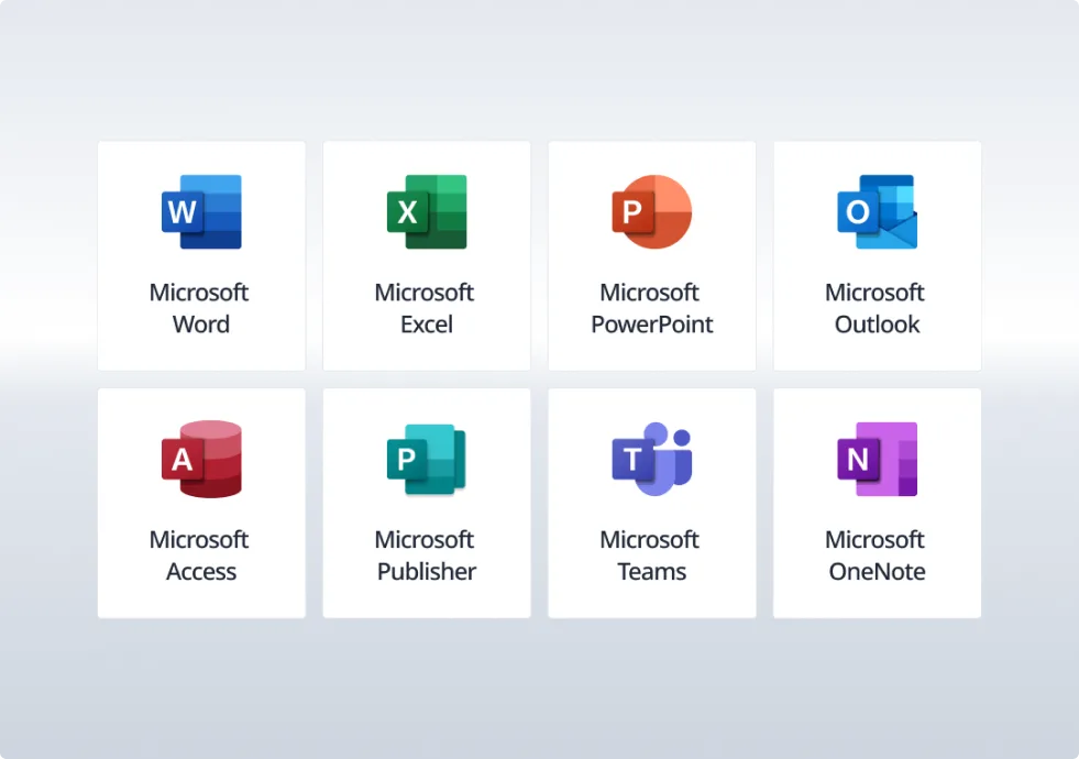 Huit icônes Microsoft Office (Word, Excel, PowerPoint, Outlook, Access, Publisher, Teams et OneNote) avec logo sur fond gris clair.