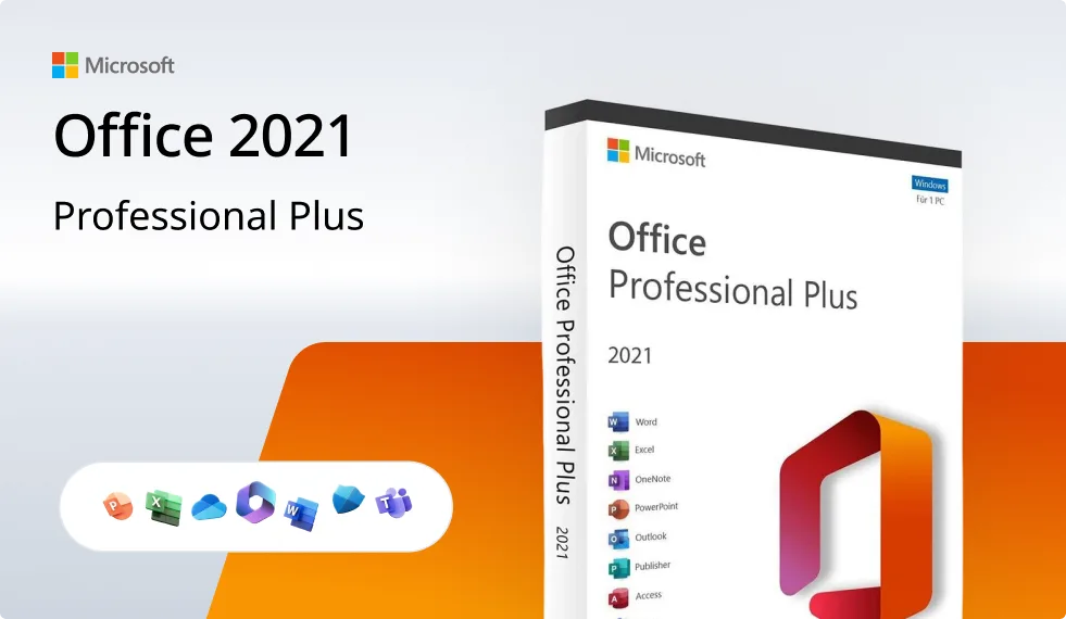 Visuel promotionnel de Microsoft Office 2021 Professional Plus, boîte et icônes Word, Excel, PowerPoint... sur fond blanc et orange.