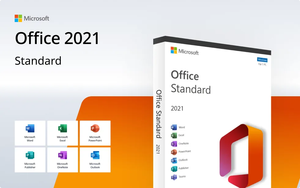 Boîte de Microsoft Office 2021 Standard avec logos Word, Excel, PowerPoint, OneNote, Outlook, Publisher et Teams sur fond orange et blanc.