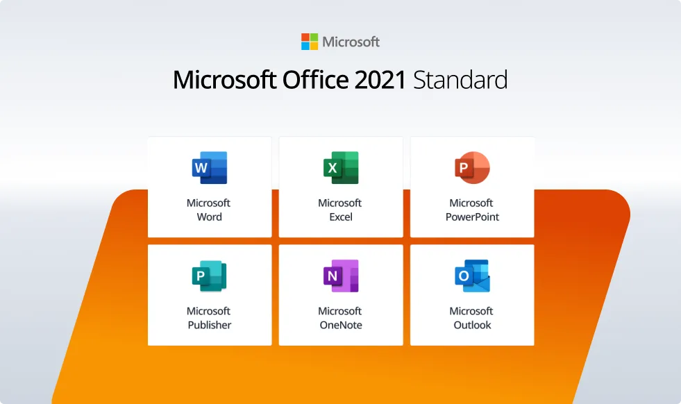 Image des icônes Word, Excel, PowerPoint, Publisher, OneNote et Outlook de Microsoft Office 2021 Standard sur fond blanc et orange.