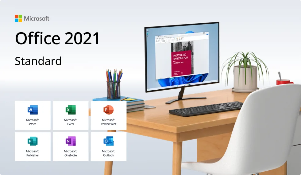 Un ordinateur sur un bureau en bois affiche un document, entouré de crayons de couleur, plante et souris ; Office 2021 Standard avec icônes Word, Excel, PowerPoint, Publisher, OneNote et Outlook.
