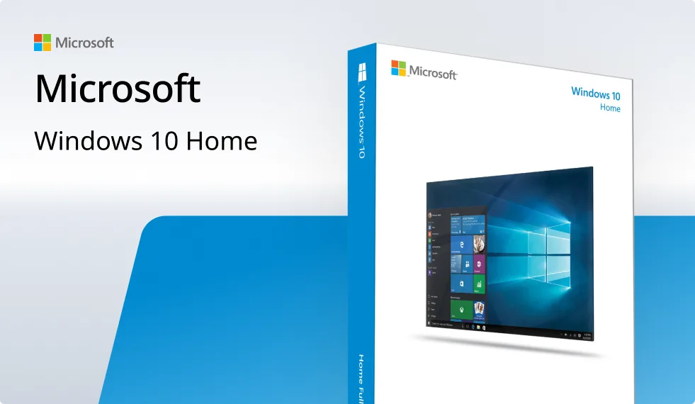 Boîte du logiciel Microsoft Windows 10 Home avec le logo Windows et une capture d'écran du bureau, texte " Microsoft Windows 10 Home ".