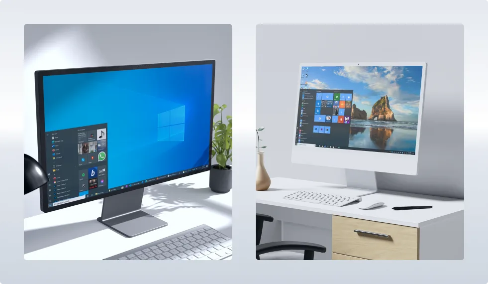 Deux bureaux avec ordinateurs : à gauche, écran noir Windows 10 sur bureau blanc ; à droite, PC blanc tout-en-un sur bureau bois.