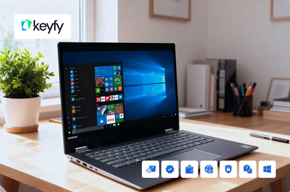 Un ordinateur portable Lenovo sous Windows 10 sur un bureau en bois, avec fournitures, plante, livres, logo Keyfy et six icônes bleues.