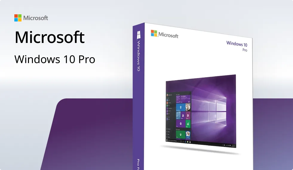 Boîte de Microsoft Windows 10 Pro avec logo Windows, écran d'ordinateur affichant l'interface, logo Microsoft en haut à gauche.