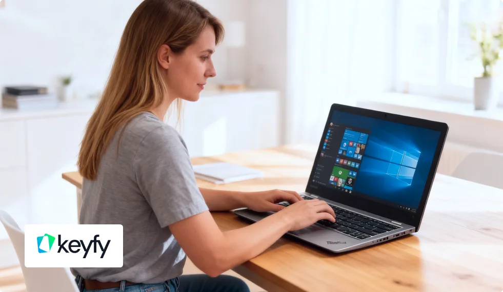 Une femme travaille sur un ordinateur portable affichant Windows 10, dans une pièce lumineuse. Logo Keyfy en bas à gauche.