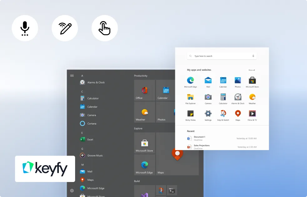 Écran d'ordinateur affichant le menu Démarrer de Windows ouvert, icônes micro, tactile et clic en haut à gauche, logo keyfy en bas à gauche.