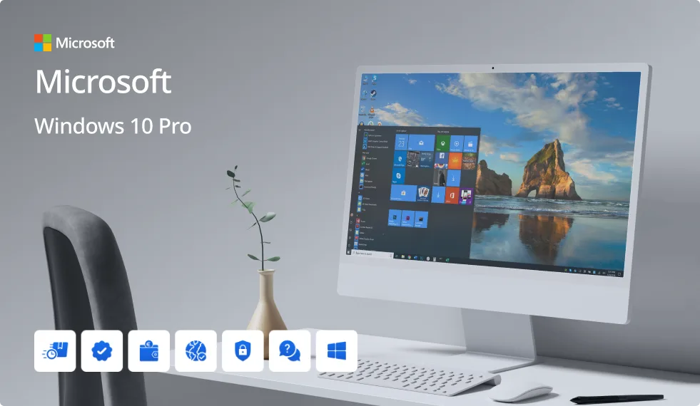 Ordinateur blanc moderne affichant Windows 10 Pro sur un bureau avec clavier, souris et plante ; logos Microsoft à gauche.