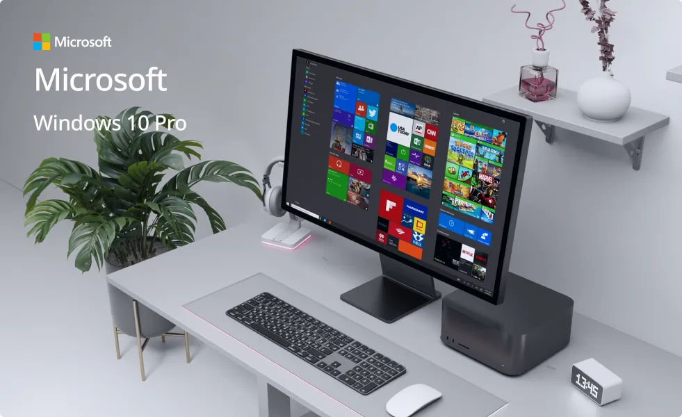 Bureau moderne avec écran affichant le menu démarrer Windows 10 Pro, clavier, souris, plante et décor ; texte "Windows 10 Pro" à gauche.