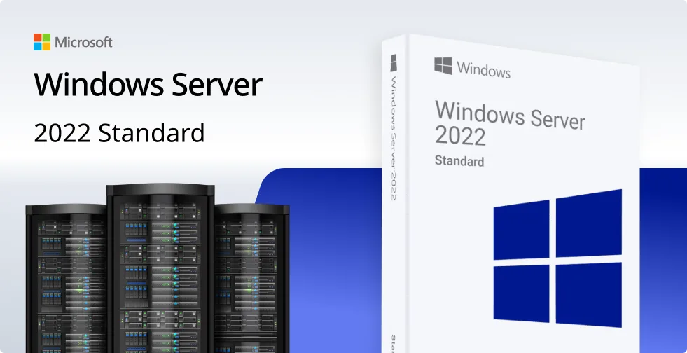 Boîte du produit Microsoft Windows Server 2022 Standard avec logo bleu, près de racks serveurs sur fond blanc et bleu.