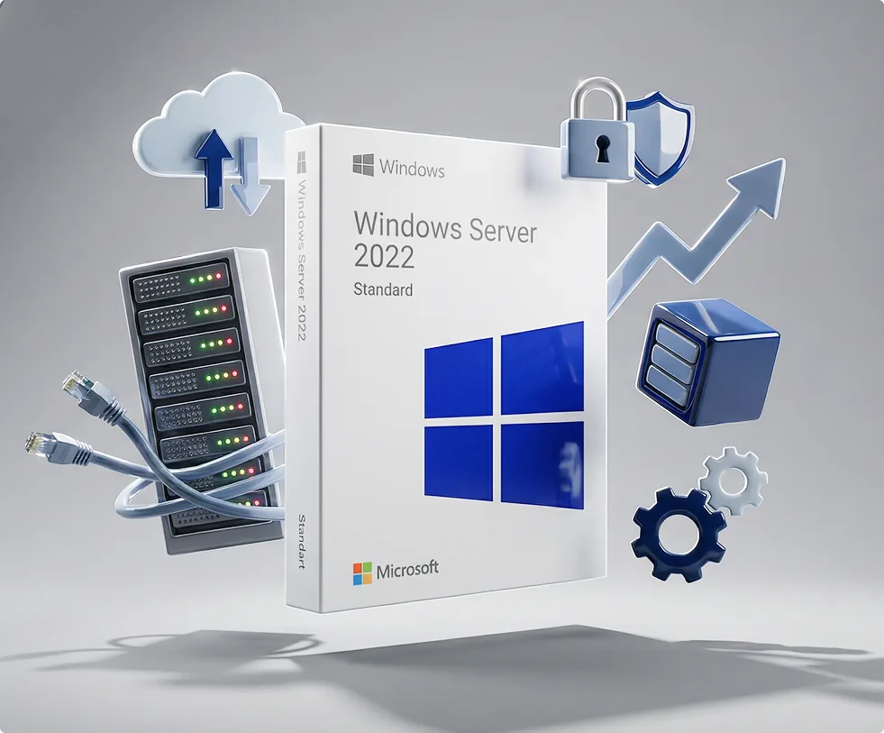 Une boîte Windows Server 2022 Standard entourée d'icônes flottantes : bouclier, cadenas, nuage, serveur, câbles réseau et flèches.