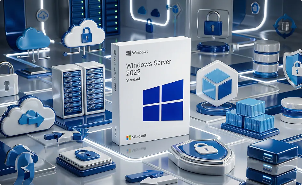 Une boîte Windows Server 2022 Standard entourée d'icônes 3D de cloud, serveurs, cadenas et boucliers illustrant la sécurité des données.